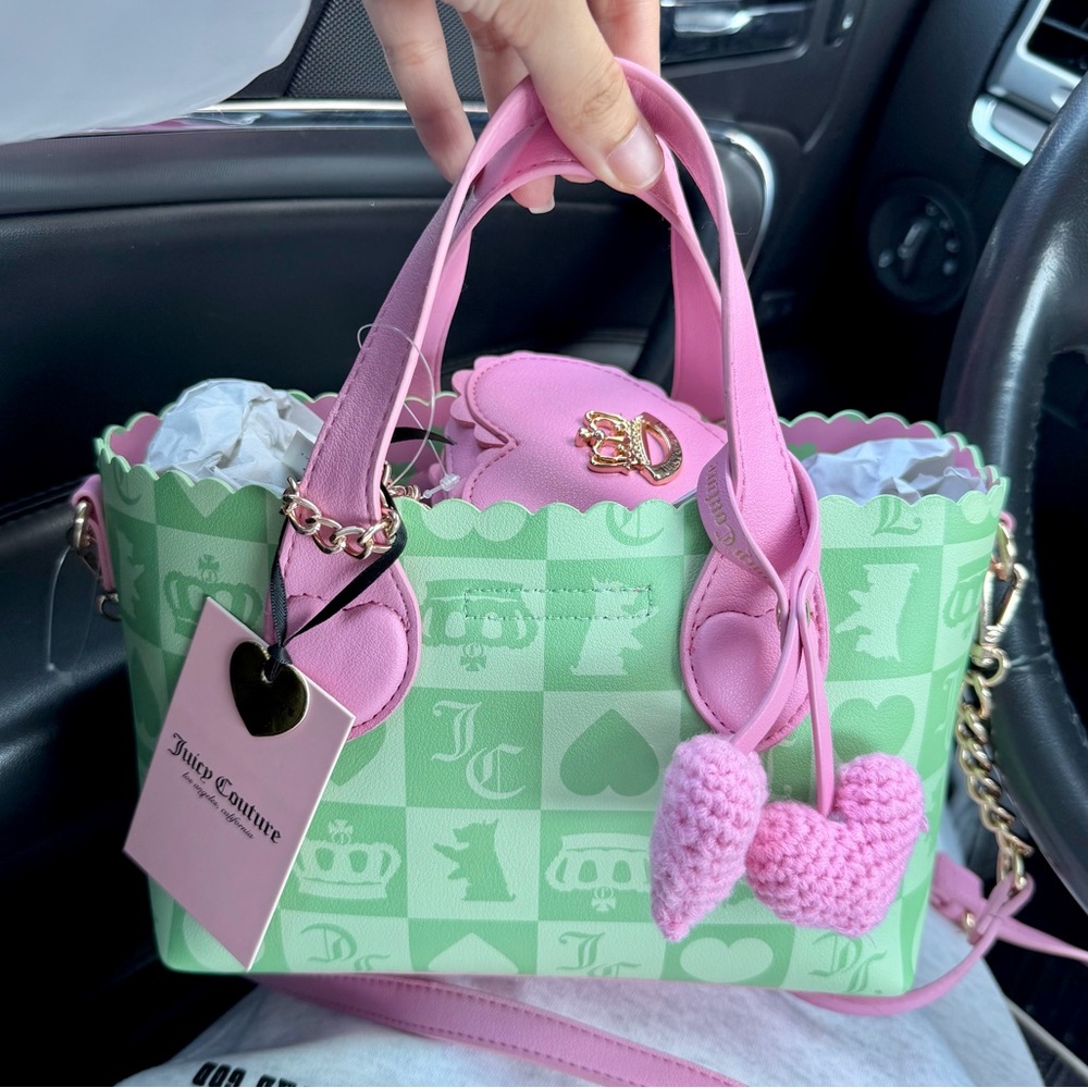 💖 Juicy Couture Pink and mint Green Heart Checkerboard Tote Bag with Coin Purse